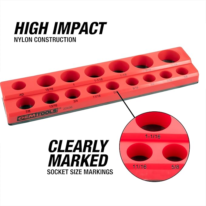 OEMTOOLS 22484 3 Piece SAE Magnetic Socket Tray Set, Magnetic Socket Organizers for Toolboxes, Rubberized Base, Holds Up To 68 Sockets, Red Socket Holder