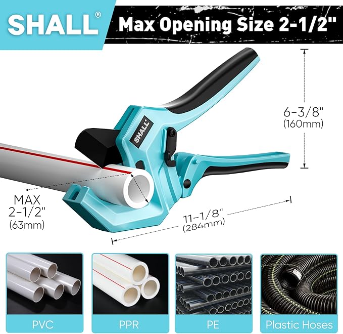 SHALL PVC Pipe Cutter, Cuts up to 2-1/2”, Heavy-Duty Aluminum Ratchet Pipe Cutter Tool for PVC, PPR, PE, PEX, Plastic Hoses & Plumbing Pipes, Fast Pipe Tube Cutters with High Performance SK5 Blade