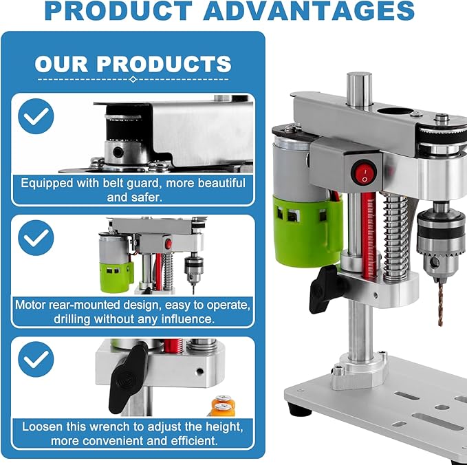 Mini Benchtop Drill Press with Work Light | Rear-Mounted 795 Motor, Small Bench Drilling Machine for Woodworking, Jewelry & Crafts, B10 Chuck, Motor & Belt Guard