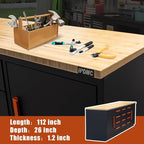 Heavy Duty Garage Cabinet Workbench Table w/Solid Wood Top, Workstation Garage Workbench with Storage for Garage, Warehouse, Office, Workshop, 112.2" W x 26.4" D x 36.2" H