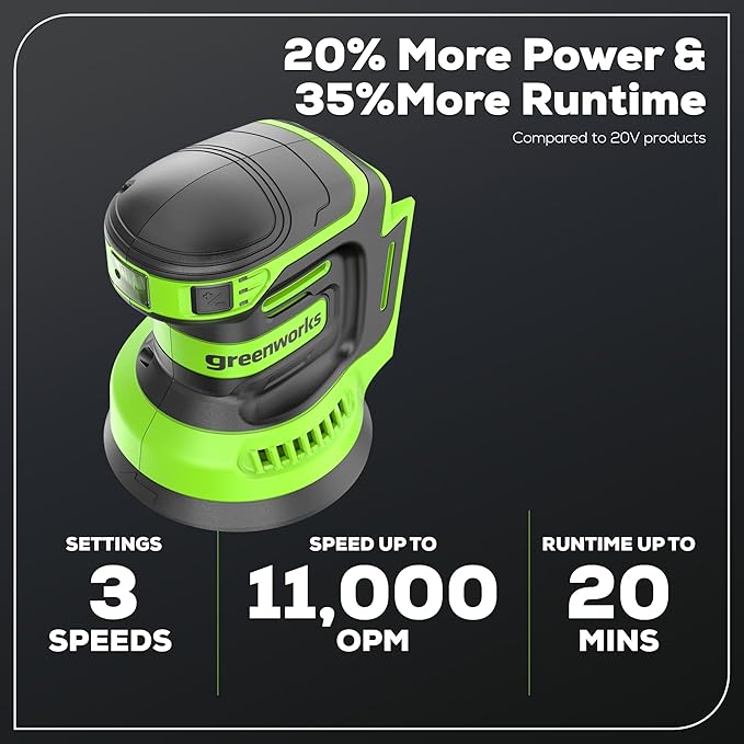 Greenworks 24V Cordless Orbital Sander, 5" Random Sanders Variable Speed, 11000 OPM, 3 Sandpaper Sheets, with 2Ah Battery and Charger
