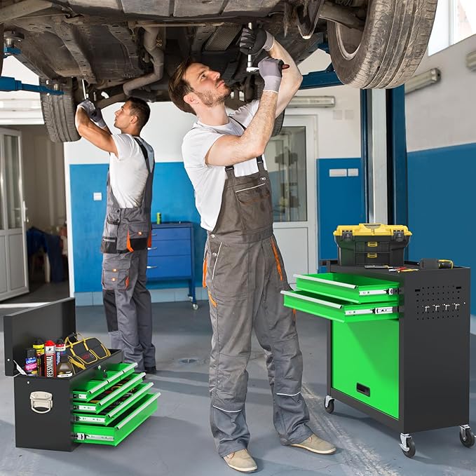 8 Drawer High Capacity Rolling Tool Chest, Metal Tool Box with Wheels and Drawers, Detachable Toolbox with Lock, Heavy Duty Tool Cabinet for Workshop, Warehouse and Garage (Black Green)