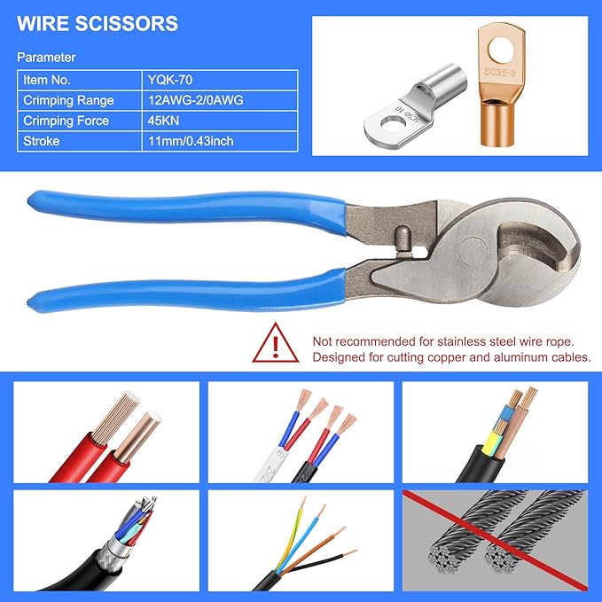 Solsop Hydraulic Crimping Tool 10 Ton with 9 Hex-Dies, 12–2/0 AWG Battery Cable Crimper with Cable Cutter for Copper, Aluminum Cable Lugs