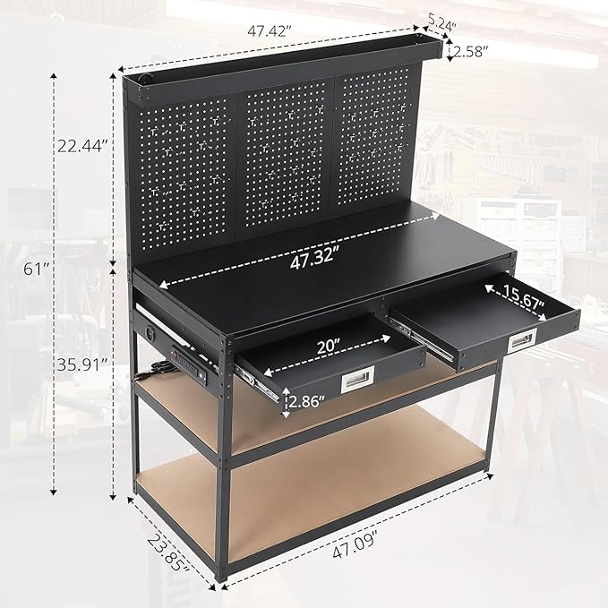 48'' 3-Tier Adjustable Workbench, Heavy Duty Workbench with Drawer and Backplate, 2000 LBS Capacity Work Table, Suitable for Office, Garage, Workshop