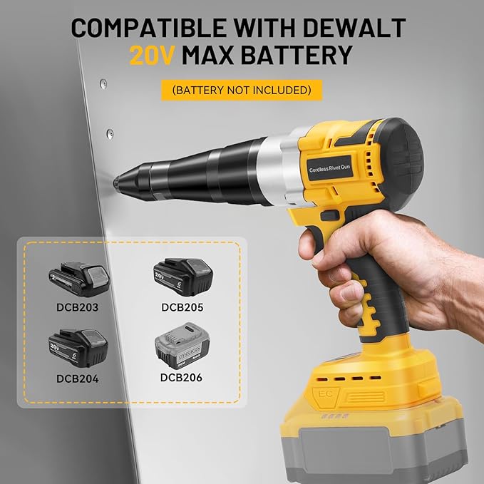 Cordless Rivet Gun for De-Walt 20V Battery, Electric Rivet Tool with LED Light, 3 Size for 1/8", 5/32", 3/16" Rivets–Brushless Blind Pop Rivet Gun Tool for Aluminum & Steel Rivets (Tool Only)