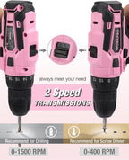WORKPRO Pink Cordless Drill Driver Set, 12V Electric Screwdriver Driver Tool Kit, 3/8" Keyless Chuck, Charger and Storage Bag Included - Pink Ribbon