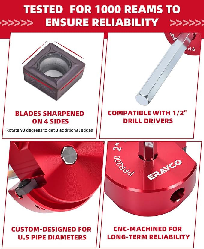 ERAYCO 4" PVC Pipe Reamer, Plastic Pipe Fitting Reamer Tool, Fit into Standard 1/2" Drills, PVC Fitting Saver for SCH40 PVC CPVC ABS Pipe