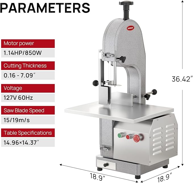 Electric Commercial Bone Saw, 1500W Stainless Steel Countertop Bone Sawing Machine, Workbeach 18.31"x14.37",1.57-7 Inch Cutting Thickness, Frozen Meat Cutter for Beef, Fish, Chicken, Deer