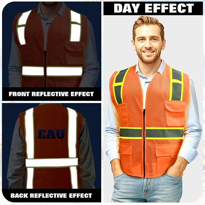 BeautyWill Custom Safety Vest Customized Logo Class 2 High Visibility Reflective Vest with Pockets Construction workwear