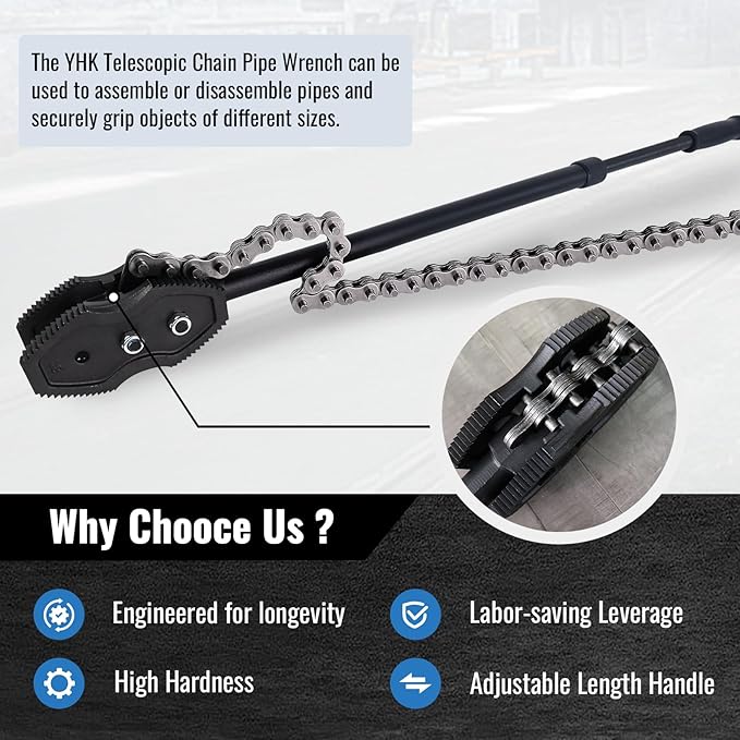 YHK Chain Pipe Wrench, Chain Tongs with 41.3" Chain Length and 35.4”-47.2” Telescopic Handle Length, Chain Wrench for Pipe Installation, Repair, and Maintenance, Fit for 1-1/2"-8" Pipe Diameters