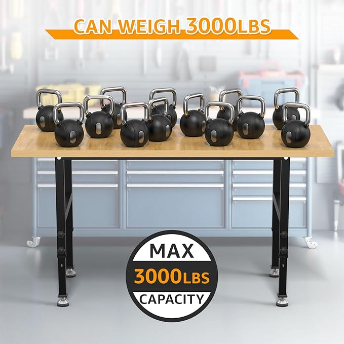 60" Adjustable Workbench,Heavy-Duty Work Table,3000 LBS Load Capacity Particleboard Hardwood Workstation with Fixed feet,for Workshop, Garage