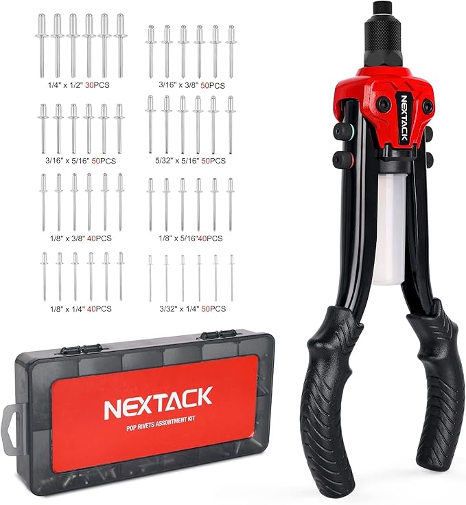 1/4 Rivet Gun w/ 350pc Assorted Rivets, Pop Rivet Gun Kit w/ 5pc Nosepieces, Two-Handed Heavy Duty Riveter Tool Setter with Shaft Container for Van, Gutter & Automotive(NT300)