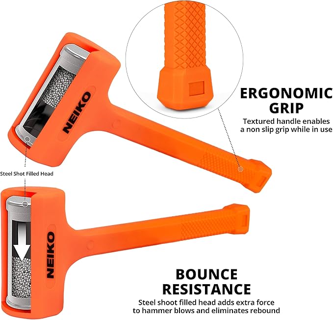 NEIKO 02888A Dead Blow Hammer Set, 3pc Neon Orange Deadblow Mallet, 1lb, 2lb, 3lb Hammers, Spark and Rebound Resistant, Unibody Molded, Checkered Grip