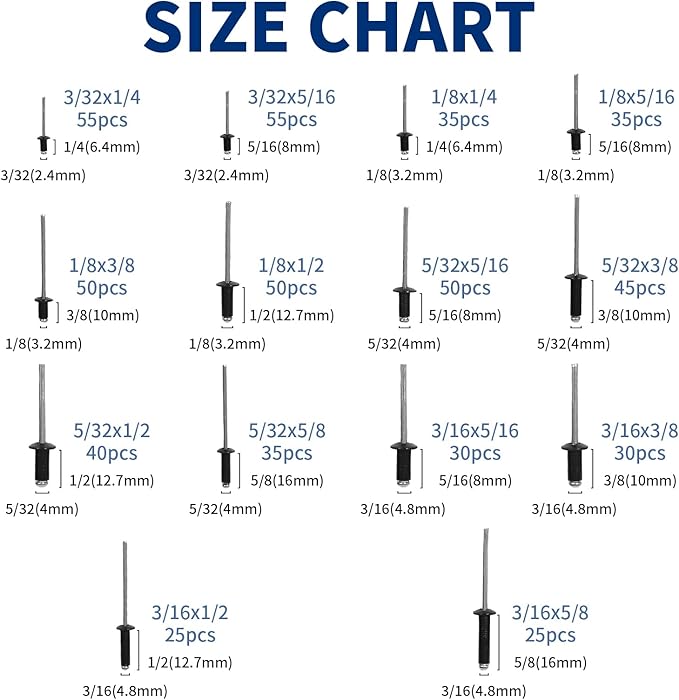 560 Pcs 14 Sizes Pop Rivets Assortment Kit, Aluminum Rivets, 3/32" 1/8" 5/32" 3/16" 1/4" Blind Rivets for Metal, Dome Head rivet kit(Black)