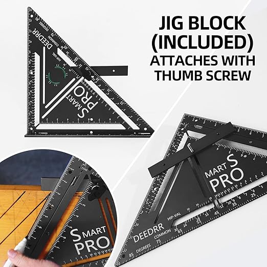 Pro 12 Inch Advanced Carpenter Square-Jig Block -Leve-Accurate Flatwork- Framing Square- Multi-Angle Measuring Tool (90° & 180°) for Carpenters & Architects(Black)