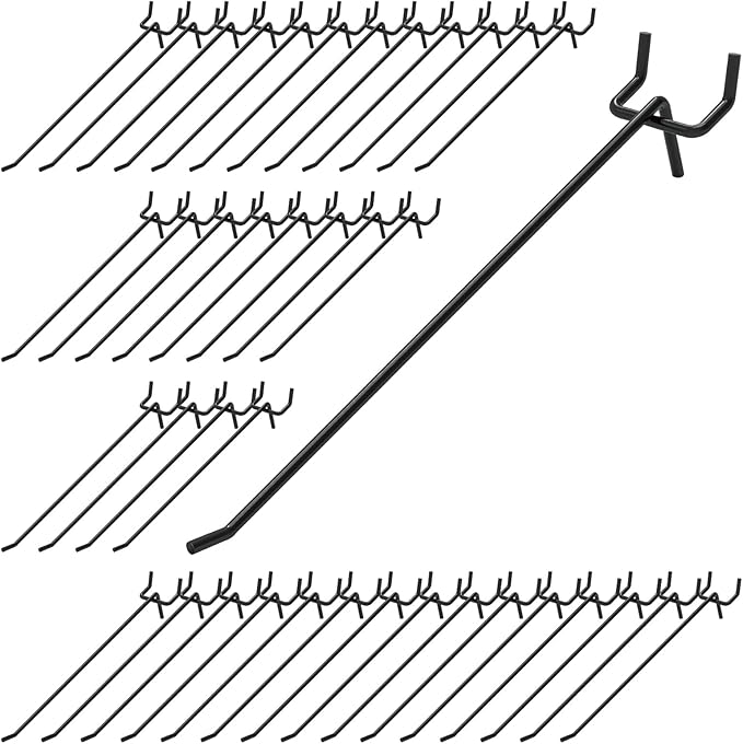 40Pcs 8" /200mm Stainless Steel Pegboard Display Hooks Bulk Set, Black Garage Organization Peg Wall Hook Metal Slatwall Panel Hook Fit 1/8 and 1/4 Inch Pegboard for Retail