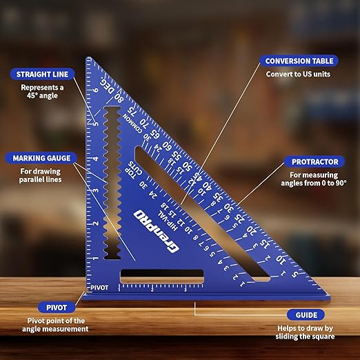 Square Combination Woodworking Tools, 7inch Carpenter Square Wood Working Tools and Accessories, 12inch Square Ruler, Includes Small Bubble Level, Protractor Angle Ruler Carpentry Tool