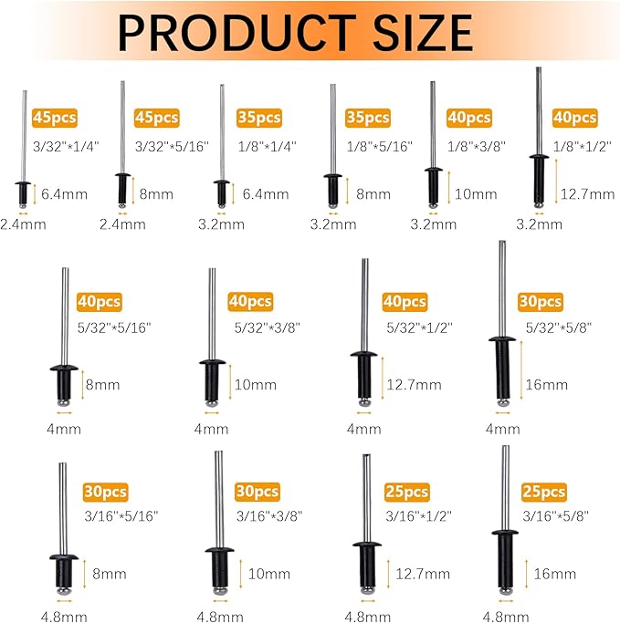 500pcs Pop Rivets Assortment Kit,14 Sizes Aluminum Rivets,Blind Rivets set,including 3/32" 1/8" 5/32" 3/16",metal Dome Head rivets Assortment kit with labels Storage boxes (Black)