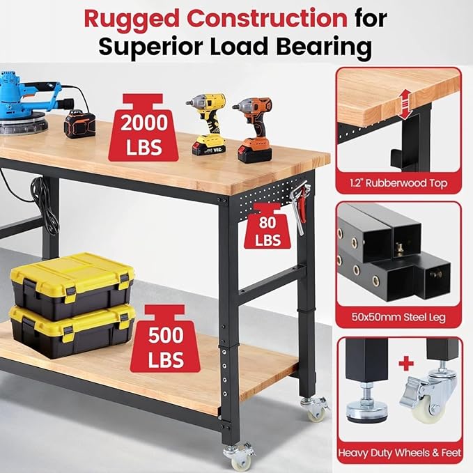 Work Bench with Double Layers 60 x 22 Inch Heavy Duty Rubberwood Tabletop Work Table Adjustable Height Workbench with Wheels, Sided Pegboard, Power Outlets for Garage Home Office