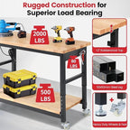 Work Bench with Double Layers 60 x 22 Inch Heavy Duty Rubberwood Tabletop Work Table Adjustable Height Workbench with Wheels, Sided Pegboard, Power Outlets for Garage Home Office