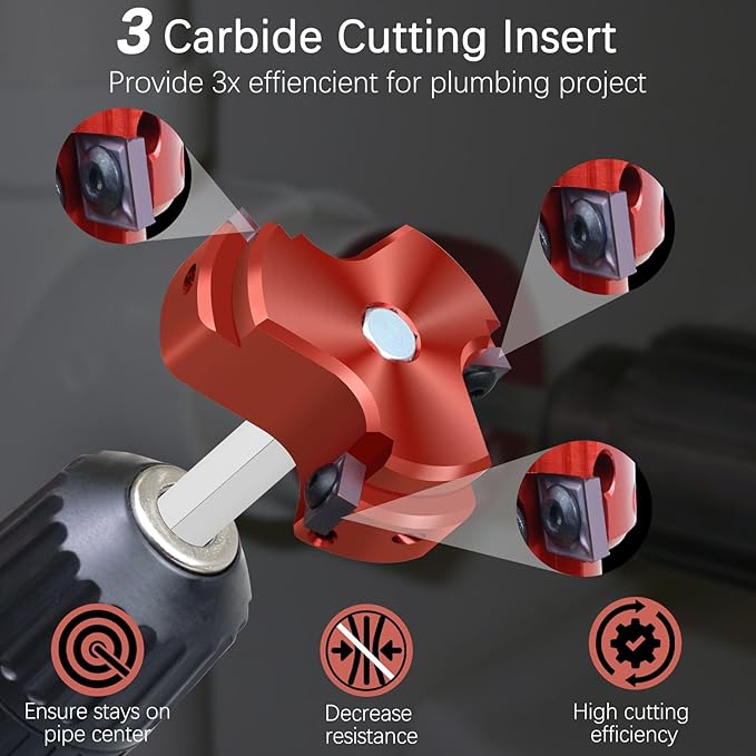 PVC Fitting Saver 3/4 Inch, PVC Pipe Reamer Socket Saver with Triple Blade & 1/4-Inch Hex Shaft,Plastic Pipe Fitting Reamer for Plumbing Sch.40 CPVC ABS Socket Hub, Fit Standard 1/2" Drills