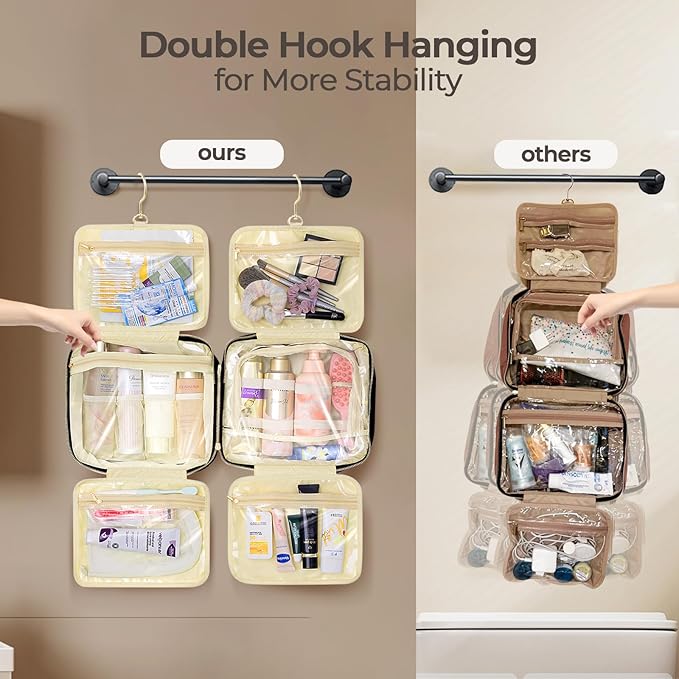 Hanging Travel Toiletry Bag for Women Detachable Toiletry Bag with 6 Compartments Large Makeup Bag Cosmetic Organizer for Bathroom Shower Business Trips Camping，Black