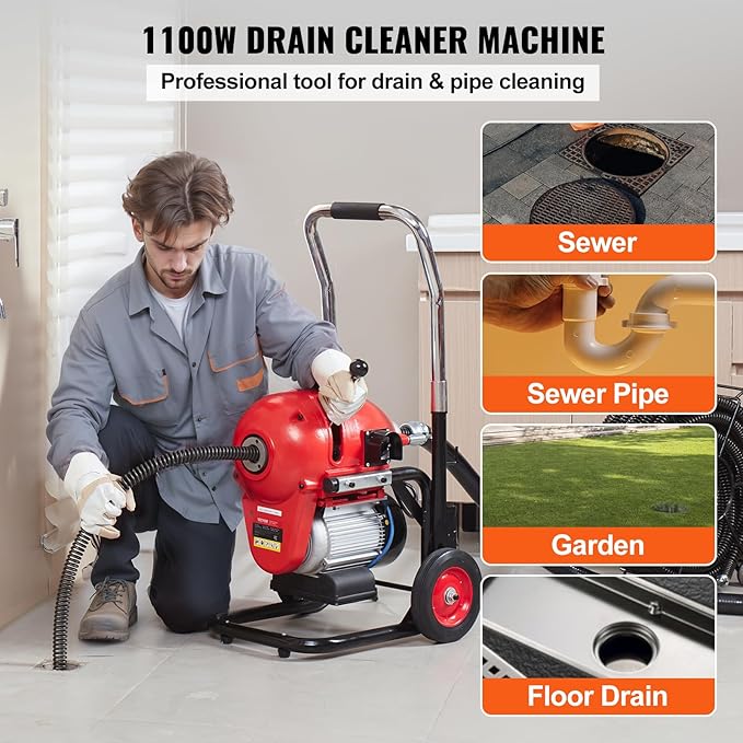 VEVOR Drain Cleaner Machine 120FT x 6/5 Inch, 1100W Electric Sewer Snake Auger Manual Feed - with 6 Cutters and CW/CCW Control for 4" to 8" Pipes