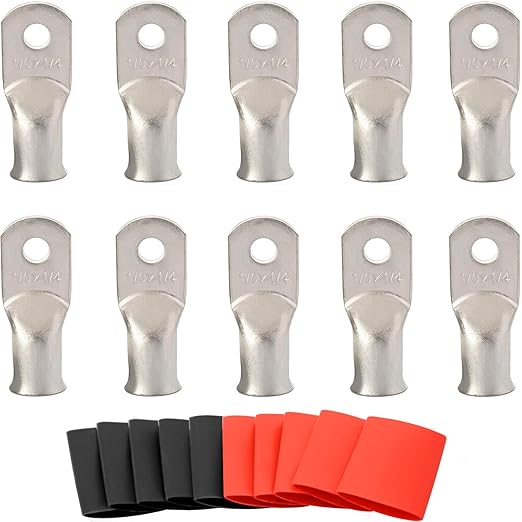 0 Gauge Tinned Copper Lugs 10 PCS 1/0 AWG - 1/4'' Cable Lugs UL Listed Terminals 1/0 Gauge Wire Lugs Battery Cable Ends 10 PCS Heavy Duty Closed End Crimp Copper Lugs with 10 PCS 3:1 Heat Shrink Tube
