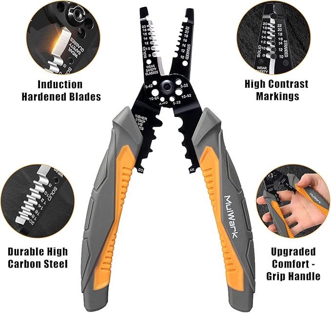 MulWark 3 in 1 Automatic Self Adjusting Wire Stripper/Cutter/Crimper, 8 Inch Multi Pliers For Electrical Wire Stripping, Cable Cutting, Crimping Tool from 8 AWG to 30 AWG