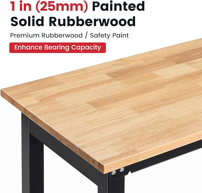 Work Bench 41 Inch Workbench for Garage Adjustable Height Heavy Duty Work Table Rubberwood Tabletop for Cutting Wood Shop Home Office Electronic Woodworking