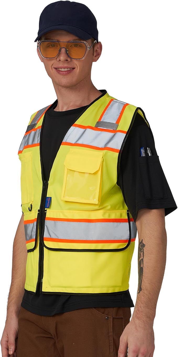 A-SAFETY High Vis Reflective Safety Vest for Men Women Zipper Ipad Pockets Mesh Construction Apparel Neon Vest for Work