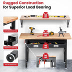 Work Bench for Garage with Shelf Bracket 60 x 22 Inch Heavy Duty Rubberwood Tabletop Work Table Adjustable Height Workbench with Drawer, Power Outlets for Woodworking Shop, Home, Office
