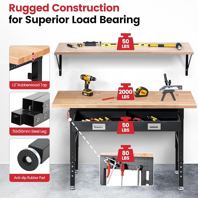 Work Bench for Garage with Shelf Bracket 60 x 22 Inch Heavy Duty Rubberwood Tabletop Work Table Adjustable Height Workbench with Drawer, Power Outlets for Woodworking Shop, Home, Office
