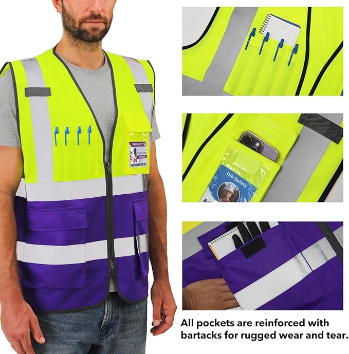 Dib Safety Reflective Vest High Visibility with Pockets and Zipper, Yellow and Purple L