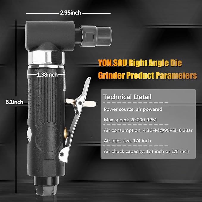 Air Die Grinder - 1/4", Right Angle, 20,000 RPM, Pneumatic Power, Safety Lock, 90 Degree, Mini, Angle Die Grinder for Grinding, Polishing, Cutting and More