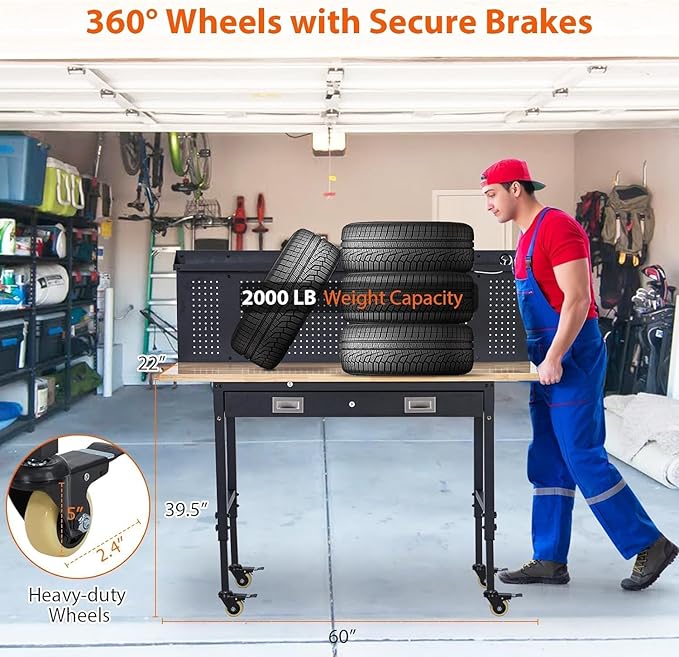 60-Inch Garage Workbench with Wheels, Adjustable Rubber Wood Top Garage Workbench with Pegboard/Drawer/Power Outlet, 2000 lbs Load Capacity, for Workshop, Woodworking, Office, Home.