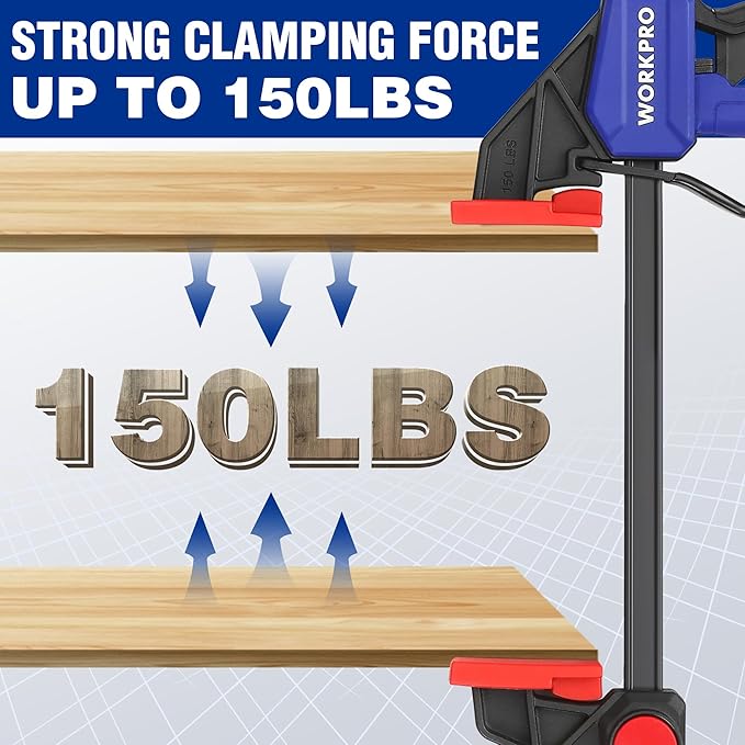 WORKPRO 6" Bar Clamps for Woodworking, One-Handed Clamp/Spreader, Light Duty Wood Clamps Set, Quick-Change F Clamps with 150LBS Load Limit, 4 Pack
