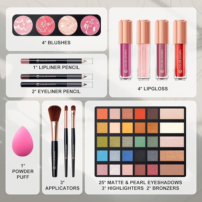 Makeup Kit For Women,All in One Makeup Gift Set for Girls in Cosmetic Train Case (Black) With Mirror,Full Starter Cosmetic Kit Includes Eyeshadow Palette,Lipgloss,Blushes-VeraVaultWomen