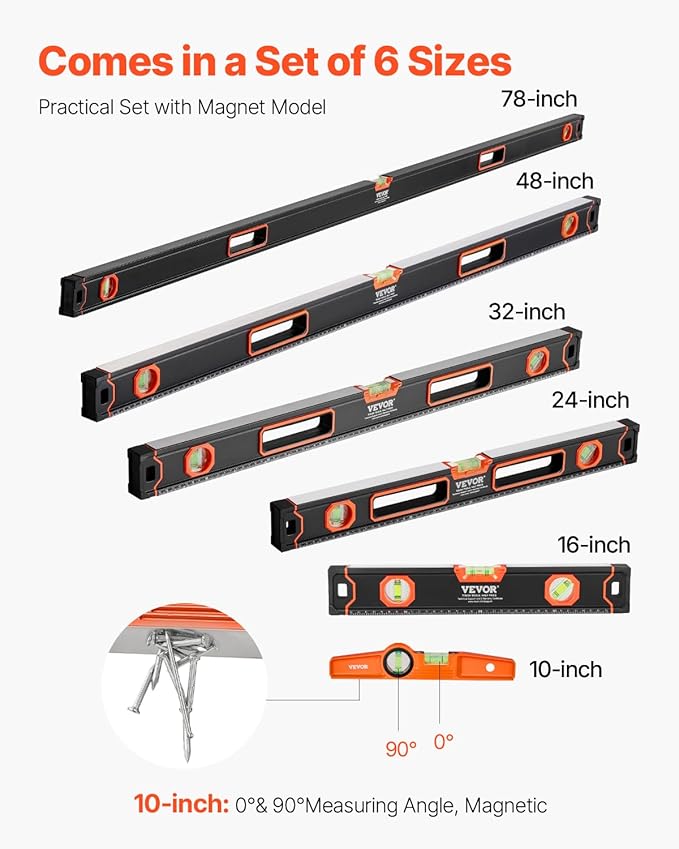 VEVOR 6-Piece Torpedo Level, 78/48/32/24/16/10 Inch Box Levels Set, Bubble Vials Ruler for 45/90/180 Degree, Shock-Proof Aluminum Alloy Magnetic Leveler Tool, SAE/Metric Scale(Only 10-inch has magnet)