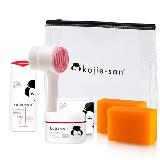 Kojie San Face & Body Complete Brightening Mini Set - 65 Gram x 2 Bars Soap, Body Lotion, Face Cream, and Facial Cleansing Brush-VeraVaultWomen