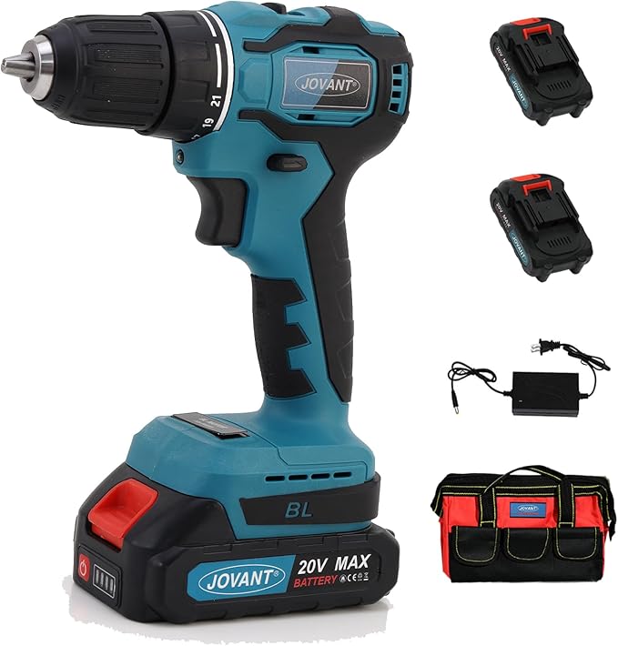 Brushless Cordless Drill Set/Driver Kit,Lightweight Driver, Electric Power Drill with 2 Batteries and Charger,3/8 Inch Keyless Chuck,21+1 Torque Setting,2 Speed with Bits-JOVANT