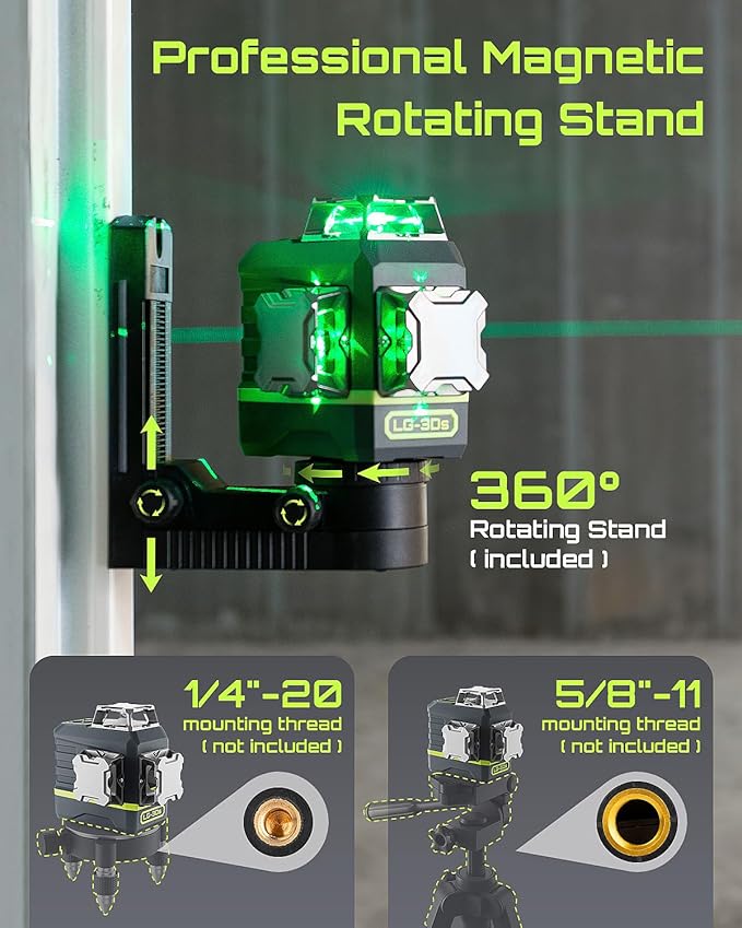 Laser Level Self Leveling 360°x3 Green Cross Line Laser Tool for Construction and Picture Hanging, Remote Control, Professional Magnetic Rotating Stand, 2 Rechargeable Batteries - LG-3Ds