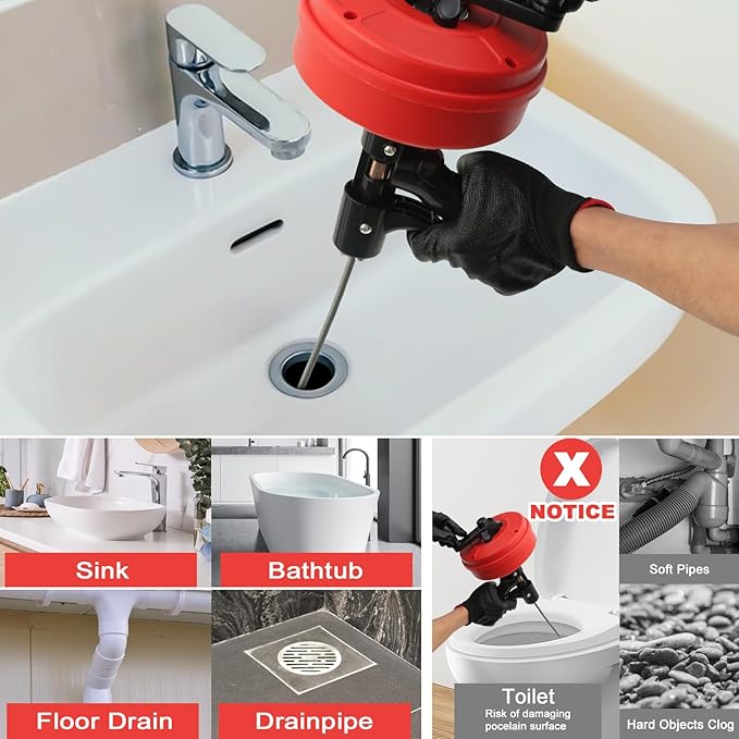 35FT Drain Snake with Drill Attachment, Auto/Manual Plumbing Snake for Kitchen Sink, Shower Clogs, Includes Gloves & Storage Bag