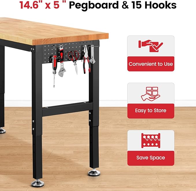 Work Bench for Garage Workbench Adjustable Height Work Table with Pegboard for Shop Woodworking, 60 x 22 Heavy Duty Rubber Wood Top for Office, Home, Commercial