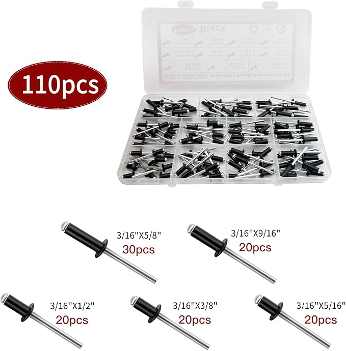 110Pcs Black 3/16" Pop Rivets Assortment Kit,5 Sizes Aluminum Rivets,Aluminum blind pro Rivets for DIY/Metal/Furniture/Instruments