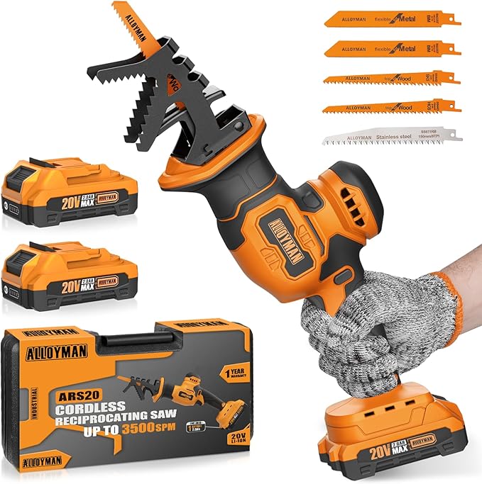 Alloyman Reciprocating Saw, 20V Cordless Battery Power Saw, with 2 X 2.0Ah Batteries & Charger, 0-3500 SPM Variable Speed, Tool-Free Change, 5 PCS Blades for Wood Metal PVC Pipe Tree Cutting