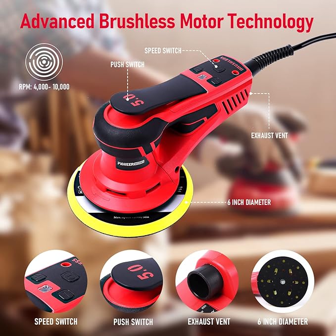 Electric Random Orbital Sander,PioneerWorks Brushless Motor,Powerful 350W & Low Vibration Palm Sander,10000 RPM Variable Speed,6-Inch For Woodworking, Polishing,Carpentry