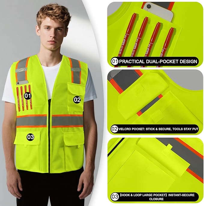 BeautyWill Custom Safety Vest Customized Logo Class 2 High Visibility Reflective Vest with Pockets Construction workwear