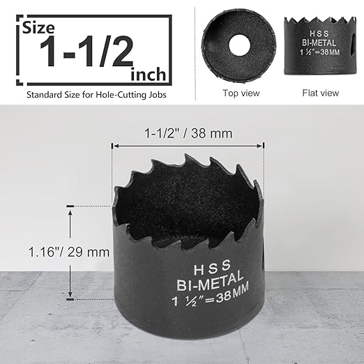 1-1/2 Inch Hole Saw with 9.1mm Triangle Shank Arbor, JTemgle Bi-Metal Hole Saw Heavy Duty Hole Cutting Tool for Cornhole Boards, Recessed Lights, Wood, Plastic, Drywall & Soft Metal
