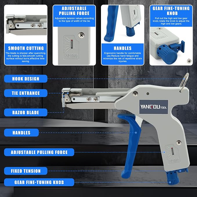 Yangoutool Zip Tie Tool – Continuously Adjustable Cable Tie Gun for Fastening and Cutting Nylon Zip Ties - Fit 4mm to 12mm Wide, 1mm to 2mm Thick Nylon Ties